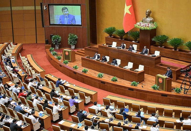 The Minister of Planning and Investment presents the report to the National Assembly. Photo: Quochoi.vn